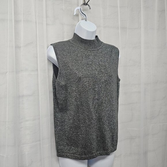 Liz Claiborne Gray Silver Metallic Mock Neck Knit Tank Sleeveless SP - Picture 3 of 10